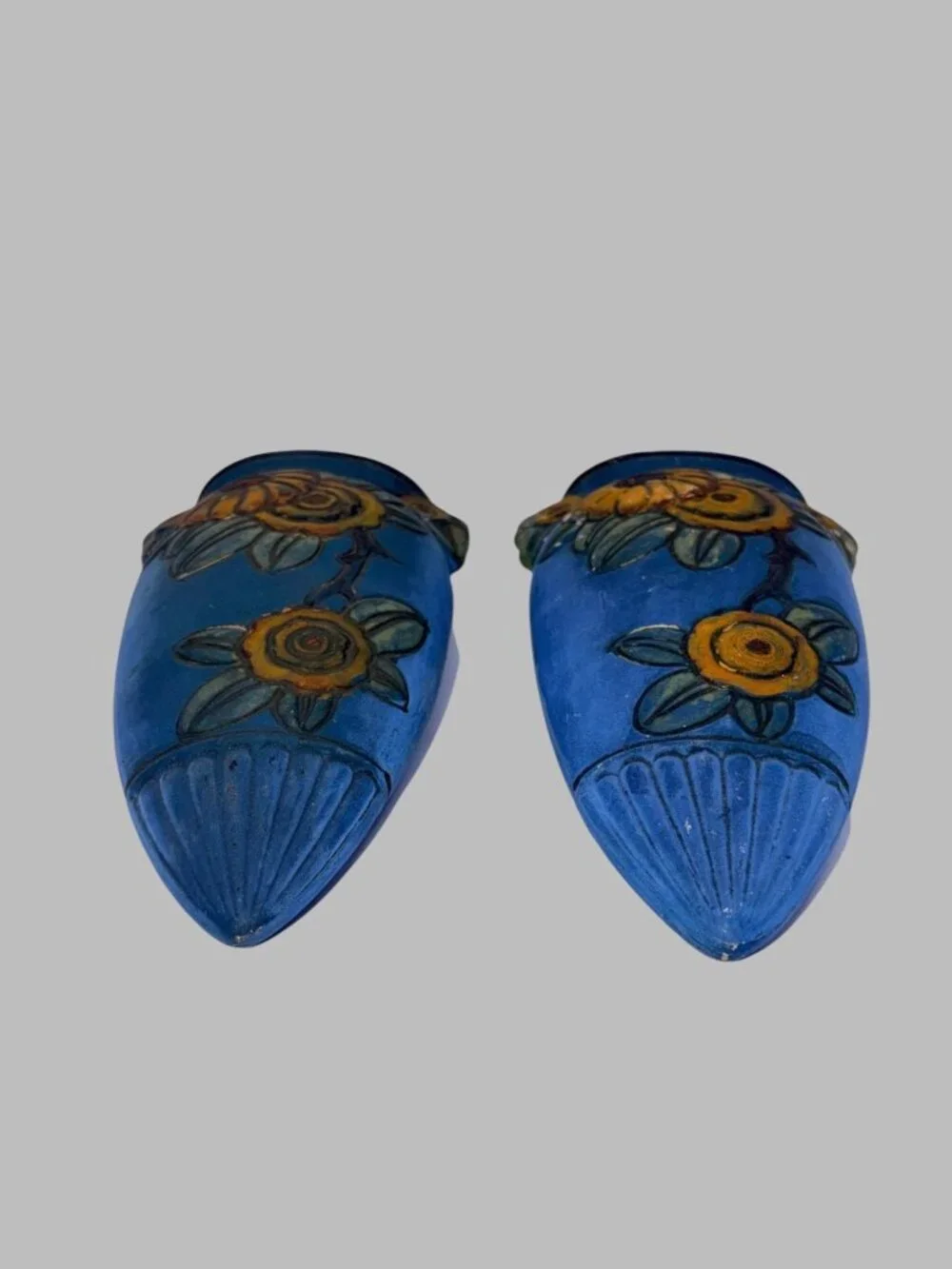 Vintage Japan Floral Wall Pocket Vase Pair Blue Yellow Cottagecore Folk Art 8.25